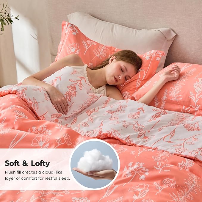 Joiedomi Queen Comforter Set Coral Orange, 3 Pieces Floral Queen Bedding Set with 1 Soft Reversible Botanical Comforter and 2 Pillow Shams, Bed in a Bag for All Seasons
