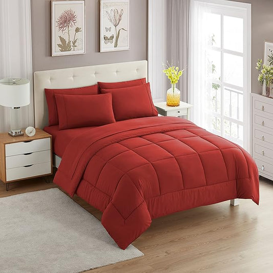 Sweet Home Collection 7 Piece Comforter Set Bag Solid Color All Season Soft Down Alternative Blanket & Luxurious Microfiber Bed Sheets, Red, Queen