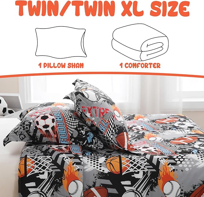 Yibeizi Grey Sports Comforter Set for Boys Twin, Kids Football Basketball Baseball Printed Bedding Set with Pillow Sham, Cute Lightweight Soft Breathable Machine Washable Quilted Bed Comforter