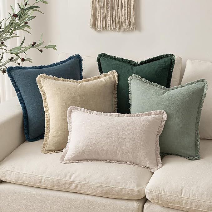 MIULEE Decorative Throw Pillow Covers Neutral Linen Fringe Throw Pillows Set of 2 Navy Blue Boho Farmhouse Cushion Covers with Tassels for Couch Sofa Bed Living Room Spring Home Decor 20x20 Inch