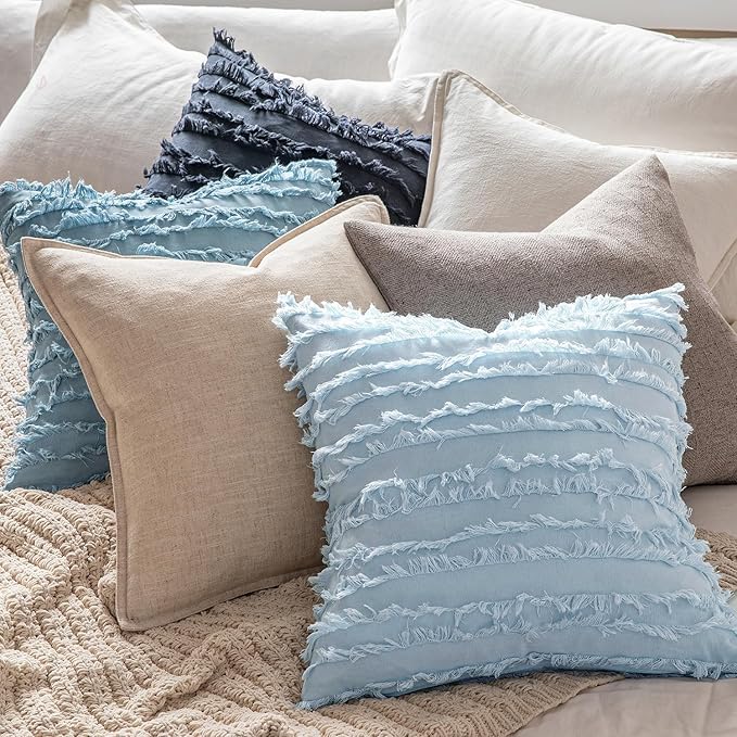 MIULEE Set of 2 Decorative Boho Throw Pillow Covers Linen Striped Jacquard Pattern Summer Cushion Covers for Sofa Couch Living Room Bedroom 20x20 Inch Light Blue