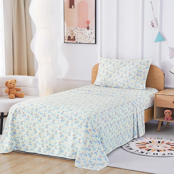 Kids Sheet Set Twin Size, Twin Sheet Set with Blue Cherry Pattern，Breathable Silky Soft Microfiber Kids Fitted Sheet