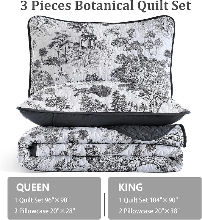 WONGS BEDDING Botanical Quilt Set Queen Size, Black 3 Pieces Toile Floral Plants Printed Bedspread Bedding Set Soft Lightweight Microfiber Coverlet Set for All Season (96"x90")