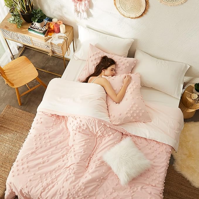Geniospin Pink Queen Comforter Set for Girls- 7 Pieces Pom Tufted Bed in A Bag Twin Bedding Sets with Sheets, Pillowcases & Shams, All Season Kids Comforter Set