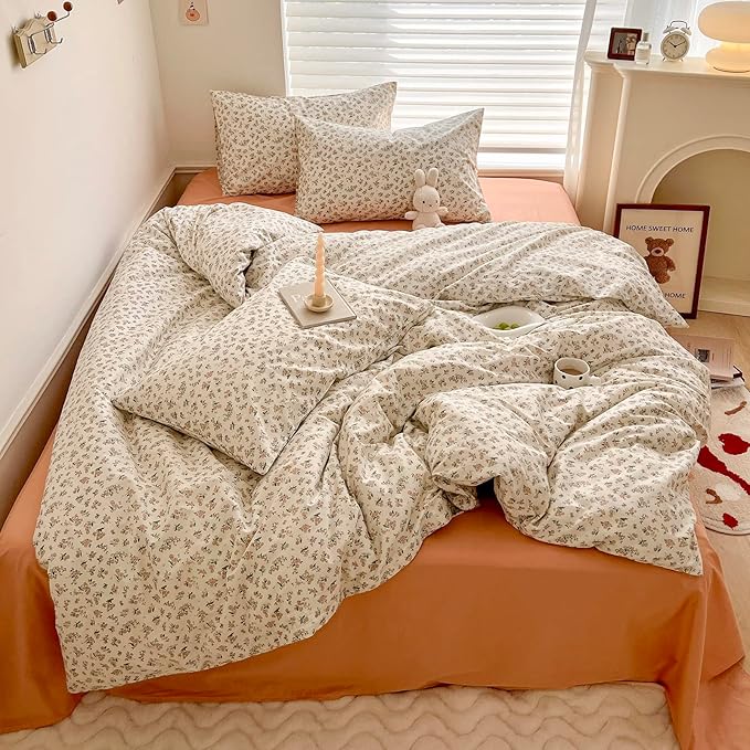 HighBuy Boho Cotton Floral Duvet Cover Twin White Coquette Bedding Comforter Quilt Duvet Covers with Pink Floral,Garden Floral Bedding Set Twin Lightweight Soft Cottagecore Duvet Cover Sets Cute