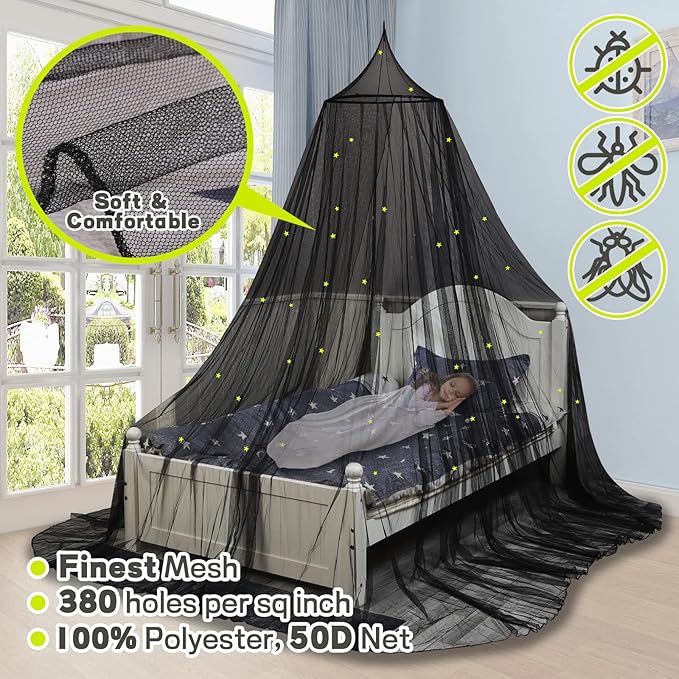 South to East Bed Canopy with Glowing Stars in The Dark, Black Bed Curtains for Kids Bed & Toddler Bed, Twin, Full & Queen, Mosquito Net Canopy for Adult Bedoom, Easy to Install