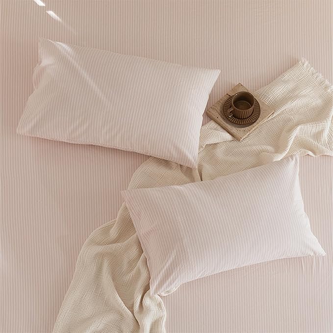 JIYUAN 100% Washed Cotton Striped Duvet Cover Set 3 Pieces Queen, 1 Duvet Cover and 2 Pillowcases(Comforter Not Included),Linen Like Comfy and Breathable,Pinstripes - Greyish Pink White