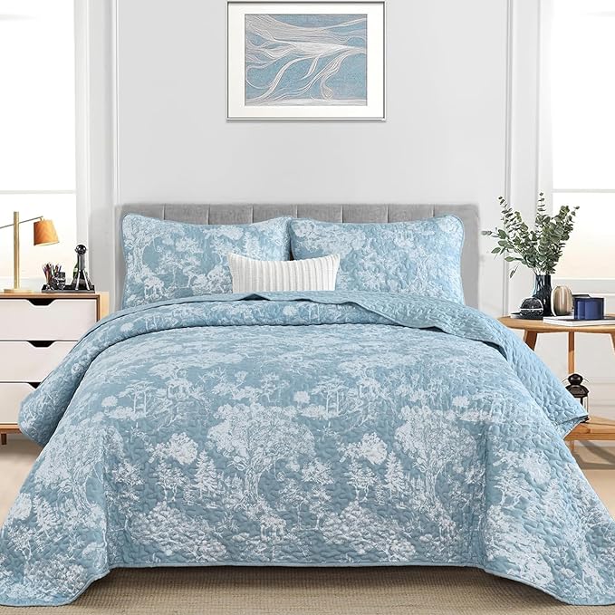 WONGS BEDDING Botanical Quilt Set Queen Size, Aqua 3 Pieces Toile Floral Plants Printed Bedspread Bedding Set Soft Lightweight Microfiber Coverlet Set for All Season (96"x90")