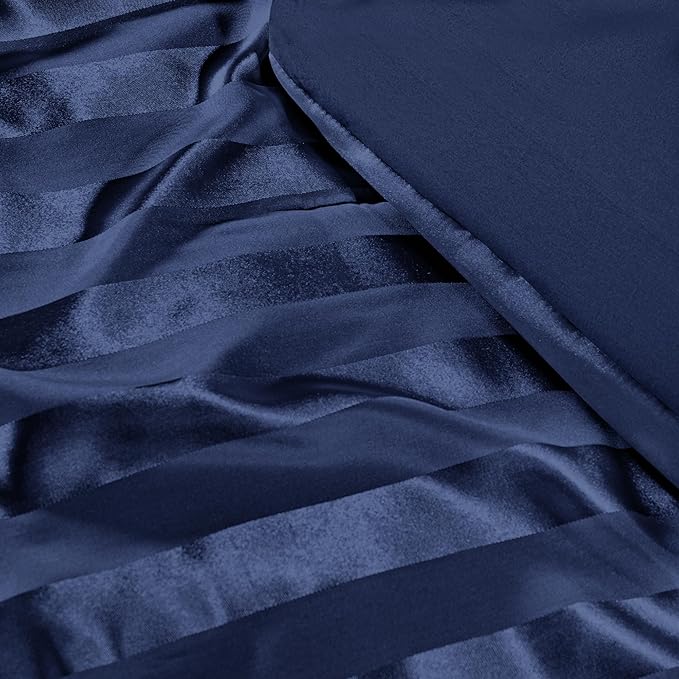 Whale Flotilla 3-Piece Reversible Silky Soft King Size Comforter Set, Luxury Stripe Satin Oversized Comforter Bedding Set with 2 Satin Pillowcases, Lightweight Duvet for All Seasons, Navy