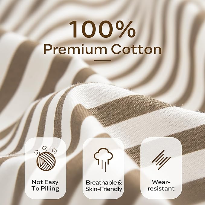 JELLYMONI 100% Natural Cotton 2pcs Striped Duvet Cover Sets,White Duvet Cover with Khaki Stripes Pattern Printed Comforter Cover,with Zipper Closure & Corner Ties(Twin Size)