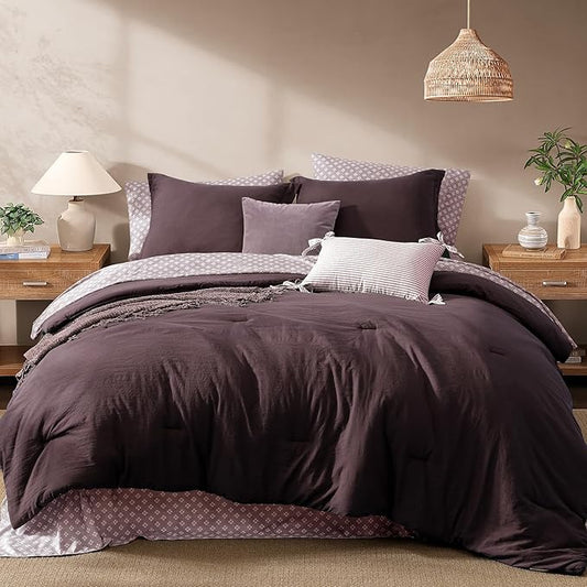 Monbix Full Size Comforter Set - 7 Pieces ltalian Plum Prewashed Bed in a Bag Full Bedding Sets with Comforters, All Seasons Comforter Bed Set with Sheets, Pillowcases & Shams