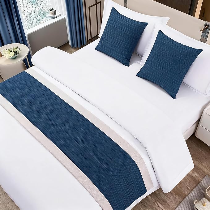 Blue Bed Runner King Stripe Seersucker Pattern Bed Scarf for King Size Blue Textured Quilted BedRunner Decorative for Hotel Bedroom (95 x 20 Inches, 1 Piece)