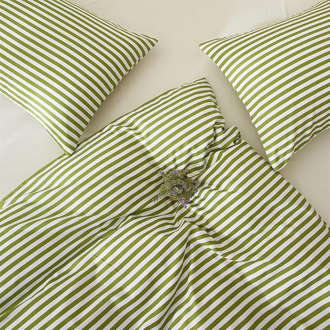 Striped Comforter Set Twin XL Modern Style Green White Stripes Pattern Bed Comforter for All Seasons 3 Pieces Boho Fluffy Comforter with 2 Pillowcases Cozy Farmhouse Lightweight Bedding Comforter Set