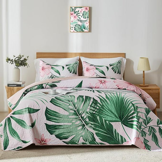 Yogeneg King Quilt Bedding Set,Green Botanical Pattern Blush King/Cal King Quilt Set,3 Piece Lightweight Soft Summer Bedspread Coverlet with 2 PIillow Shams,All Season(Pink,110"x96")