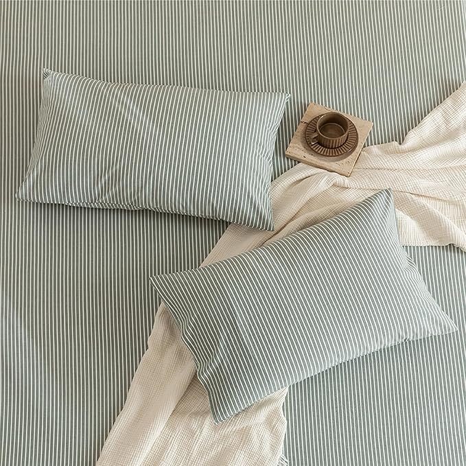 JIYUAN 100% Washed Cotton Striped Duvet Cover Set 3 Pieces Queen, 1 Duvet Cover and 2 Pillowcases(Comforter Not Included),Linen Like Comfy and Breathable,Pinstripes - Green White