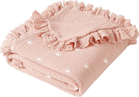 Konssy Flounce Muslin Baby Blankets, Cotton Crib Blanket for Baby Infant Toddler, Super Soft and Lightweight Nursery Blankets 40"x36" (Sun)