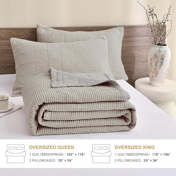 Sanracie Oversized King Quilt (106"x118"), Dark Khaki Waffle Weave Cotton Quilt Sets, 3Pcs Luxury Aesthetic Quilt Bedding Set, Soft Breathable Lightweight Farmhouse Coverlet Set for All Season