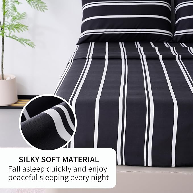 Best Season Stripe Bed Sheets Set,3 Piece Super Soft Microfiber Bedding-Deep Pocket,Ultra Soft,Fade & Wrinkle Resistant(Twin Size,Black&White)