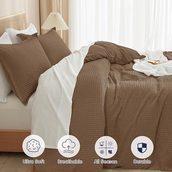 PHF Waffle Duvet Cover Set King Size, No Snagging Ultra Soft Luxury Textured Breathable Comforter Cover for All Season 3pcs, Durable Bedding Duvet Set with 2 Pillow Shams, 104"x90", Mocha/Cocoa Brown