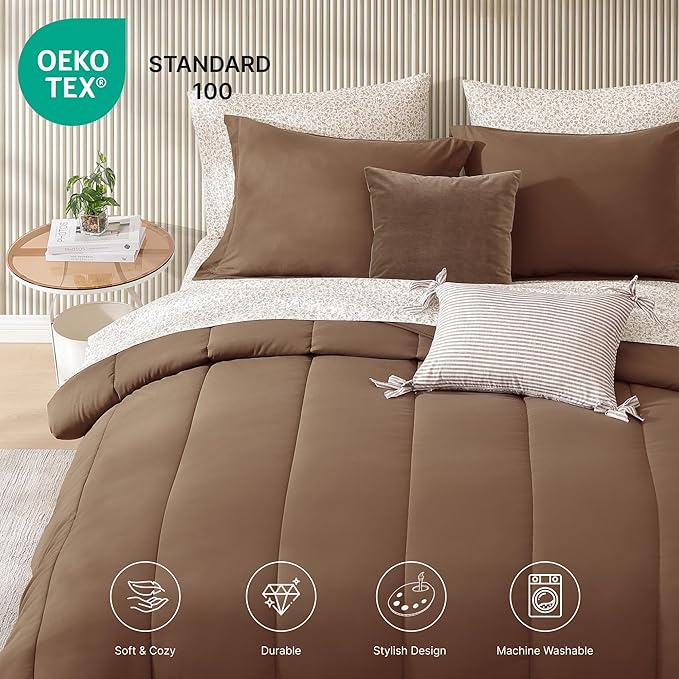 Monbix Queen Comforter Set - 7 Pieces Brown Bed in a Bag Queen Track Stitching Bedding Sets, All Seasons Comforter Bed Set with Sheets,Pillowcases & Shams