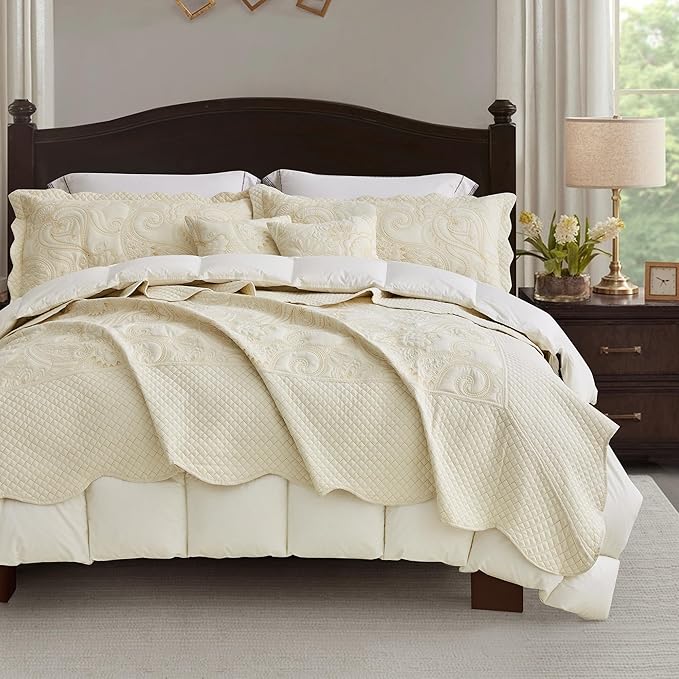 Oversized King Bedspread, Paisley Pattern Design, Lightweight Bedding Cover, Reversible, 5 Piece, 100% Microfiber, Ivory Yellow