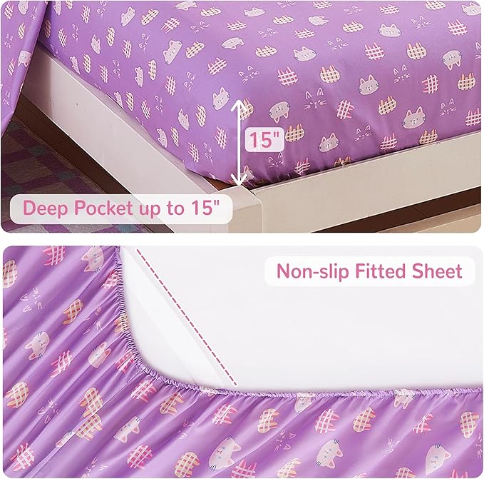 Viviland Kids Full Bedding Sets for Girls, Soft Full Comforter Set with Sheets, 7 Pieces Microfiber Bed in a Bag, Pink Cat Kitty