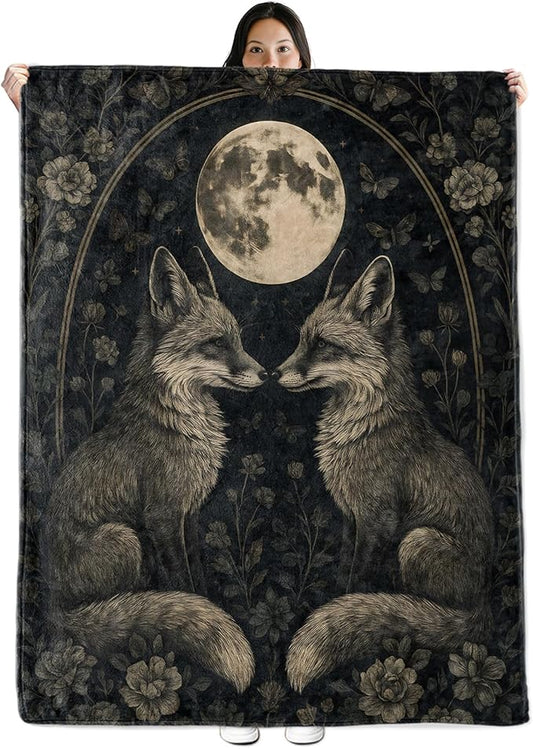 Fox Gifts, Mystical Fox Moon Theme Flannel Blanket for Adults, Women, Full Moon Night Throw Blankets for Kids, Girls, Travel Camping Sofa Living Room Decor 50x60 in