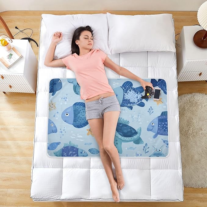 Waterproof Bed Pad Reusable Changing Pad Toddler Mattress Protector Large Pee Pad Baby Diaper Pad Soft Washable Liner Blue Turtle Fish Crabs