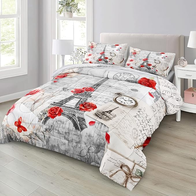Bedbay Eiffel Tower Comforter Set King Size French Style Bedding Romantic Paris Retro Letter Rose Flowers Printed Paris Room Decor 4-Piece Soft Microfiber Girls Women Quilt Set (Red, King)