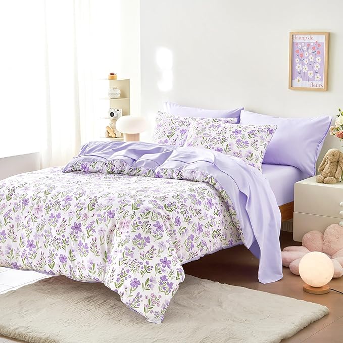Wake In Cloud - Floral Bedding Set for Girls, Cute Colorful Botanical Flowers Patterned Soft Lightweight Comforter Set with Sheets, 5 Pieces Kids Bed in a Bag, Purple White, Twin Size