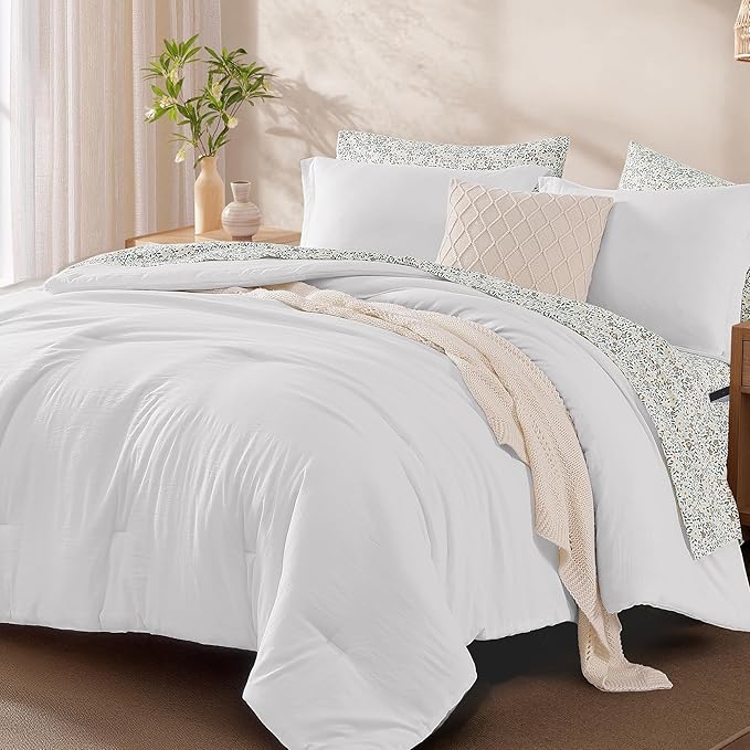 Monbix King Size Comforter Set - 7 Pieces White Prewashed Bed in a Bag King Bedding Sets with Comforters, All Seasons Ultra Soft Comforter Bed Set with Sheets, Pillowcases & Shams