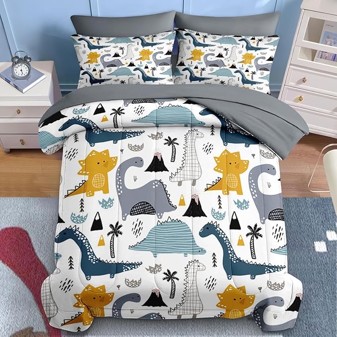 Nesker 5 Pcs Comforter Set Twin Size, Cute Dinosaur Bedding for Kids Teen, Blue Yellow Gray Dino Bedding Set with Pillowcase & Sham for Bedroom Bed Decor