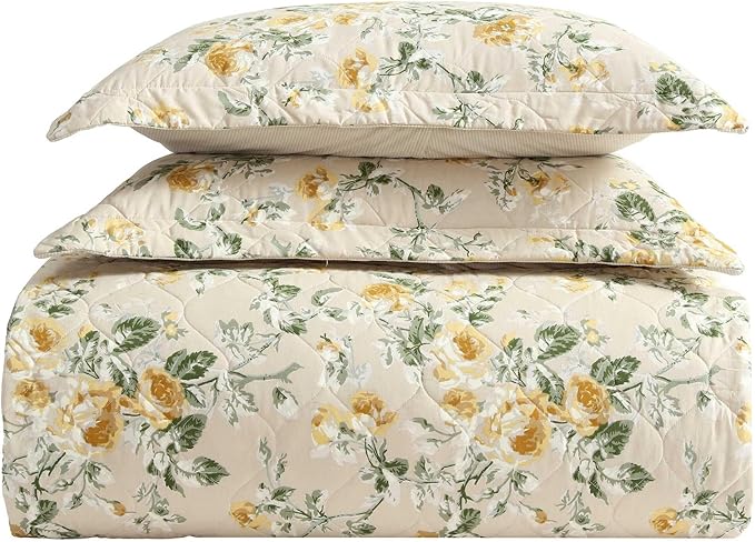 Laura Ashley - King Quilt Set, Reversible Cotton Bedding with Matching Shams, Lightweight Home Decor for All Seasons (Roses Gold, King)