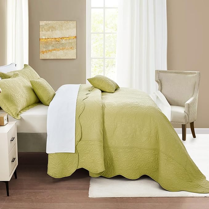 Oversized King Bedspread, Ultrasonic Lightweight Bedding Cover, Paisley Pattern, Reversible, 5 Piece, 100% Microfiber, Leek Green