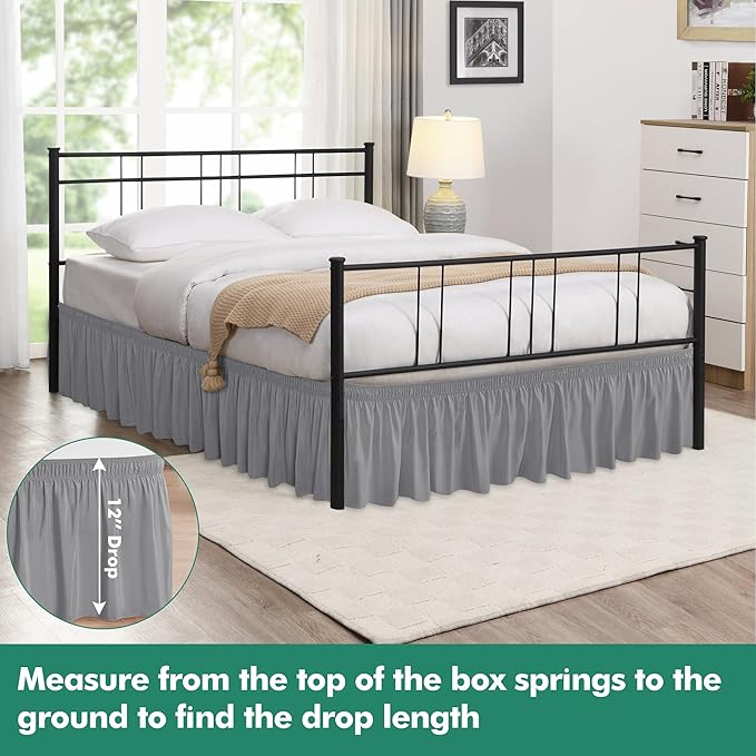 Biscaynebay Wrap Around Bed Skirts with Split Corners for King Beds 12" Drop, Silver Grey Adjustable Elastic Dust Ruffles Easy Fit Wrinkle & Fade Resistant Silky Luxurious Fabric Machine Washable