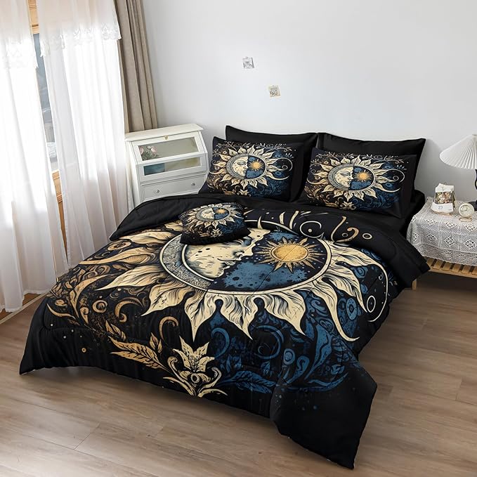 Sun and Moon Comforter Set Black Boho Bedding Set Celestial Galaxy Starry Space Bedding Comforter Mandala Exotic Black Bed in A Bag Full Size