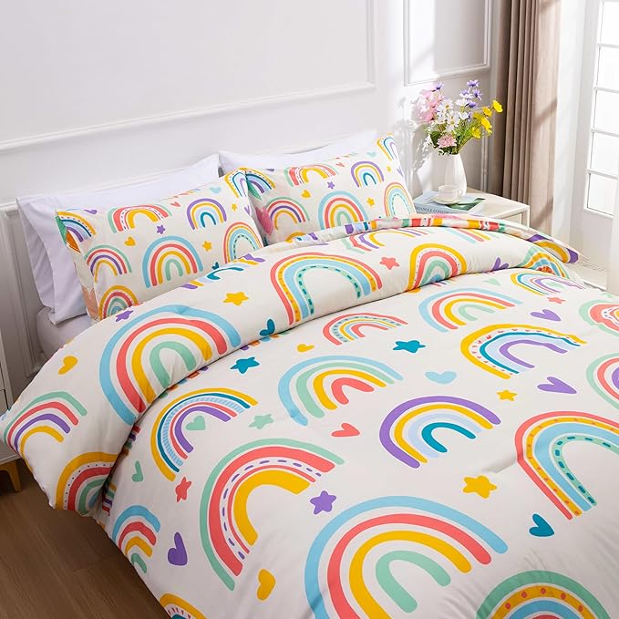 Btargot 3 Piece Kids Rainbow Comforter Set with 2 Pillow Covers, Cartoon Love Hearts Suns and Stars Bedding Set for Girls Boys, Queen Beige