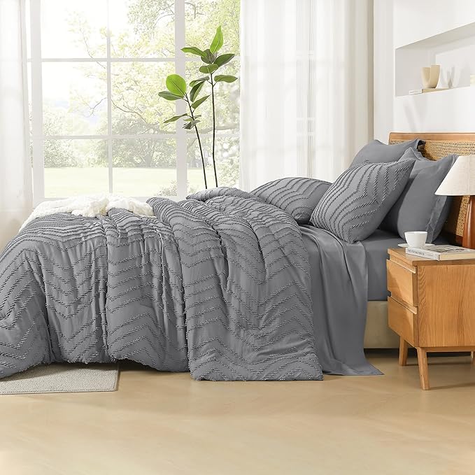 Litanika California King Size Comforter Set with Sheets Medium Gray - 7 Pieces Bed in a Bag Cal King Chevron Tufted Complete Bedding Sets with Comforter, Sheets, Pillowcases & Shams