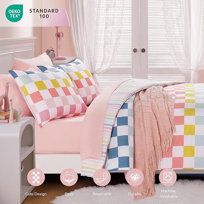 Twin Comforter Set for Girls-5 Pieces Colorful Check Twin Bedding Sets for Kids, Ultra Soft Bed in A Bag with Sheets
