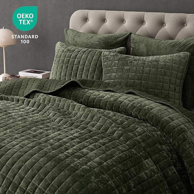 PHF Luxurious Velvet Quilt Set Twin Size – 2PCS Super Soft Quilted Comforter Alternative with Square-Box Quilt Pattern, Warm Quilted Bedspread Coverlet, 68" x 92", Smokey Olive