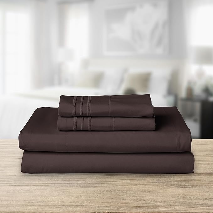 Elegant Comfort Luxurious 1500 Premium Hotel Quality Microfiber Three Line Embroidered Softest 4-Piece Bed Sheet Set, Wrinkle and Fade Resistant, King, Chocolate Brown