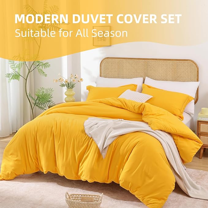 Whitney Home Textile Yellow Duvet Cover Set King Size - 3 Piece Luxury Soft Cooling Duvet Cover with Zipper Closure and Pillow Sham, Breathable Washed Brushed Microfiber, Comforter Not Included