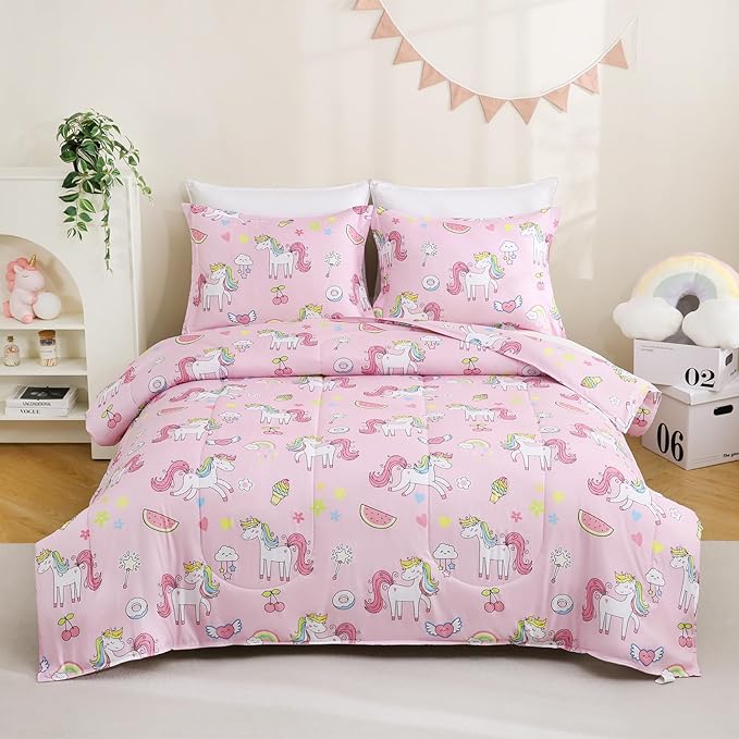 Yibeizi Pink Unicorn Comforter Set for Girls Twin, Kids Rainbow Sweet Printed Bedding Set with Pillow Sham, Cute Lightweight Soft Breathable Machine Washable Quilted Bed Comforter Set 2 Piece