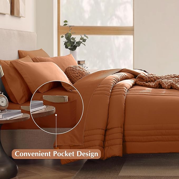 Monbix California King Size Comforter Set - 7 Pieces Bed in a Bag, Burnt Orange Bedding Sets with Comforter, All Seasons Comforter Bed Set with Sheets, Pillowcases & Shams