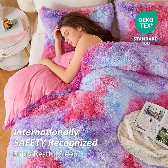 EMME Luxury Fuzzy Duvet Cover Set King Size Fluffy Comforter Cover Set for King Bed 2 Pieces Shaggy and Plush Soft Bedding Duvet Covers (Rainbow Pink Purple, King)