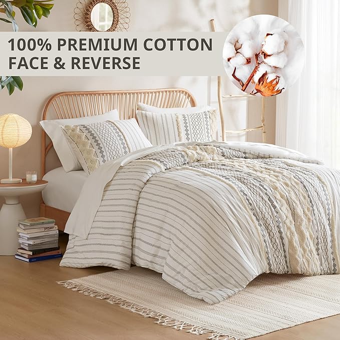 INK+IVY Comforter for Queen Size Bed, Chenille Tufted, Breathable Cotton Comforter Set Queen, All Season Modern Boho Comforter with Farmhouse Bedding Flare, 2 Matching Shams, Queen Ivory 3 Piece