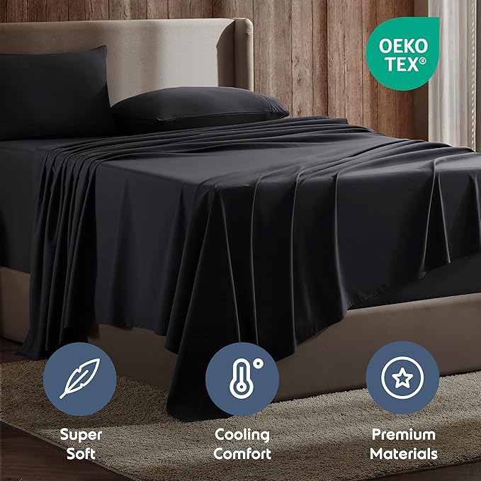 Nestl Full XL Sheet Set - Luxury 1800 Ultra-Soft Microfiber Full Extra Long Bed Sheets - Double Brushed - Deep Pockets - Easy Fit - 4 Piece Set - Bedding Sheets & Pillowcases (Full XL, Black)