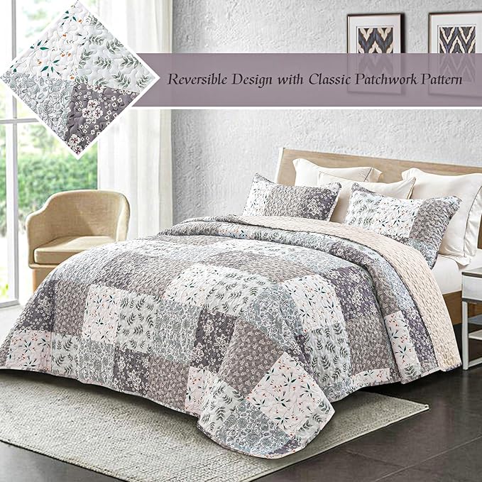 Whale Flotilla Patchwork Quilt King Size, Extra Soft Boho Floral Bedspreads for Bed Reversible Lightweight King Quilt Bedding Set Printed Coverlets with 2 Pillow Shams for All Seasons, Grey