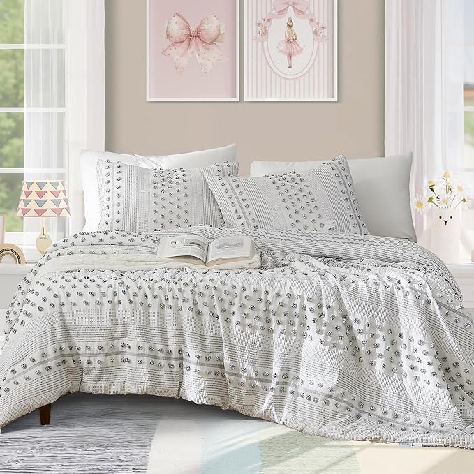 Geniospin Queen Comforter Set 7 Pieces, Bed in A Bag with Comforter, Sheets, Pillowcases & Shams, Pom Tufted Design, All Season Down Alternative Bedding Sets