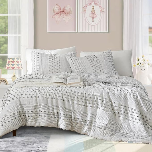 Geniospin Queen Comforter Set 7 Pieces, Bed in A Bag with Comforter, Sheets, Pillowcases & Shams, Pom Tufted Design, All Season Down Alternative Bedding Sets